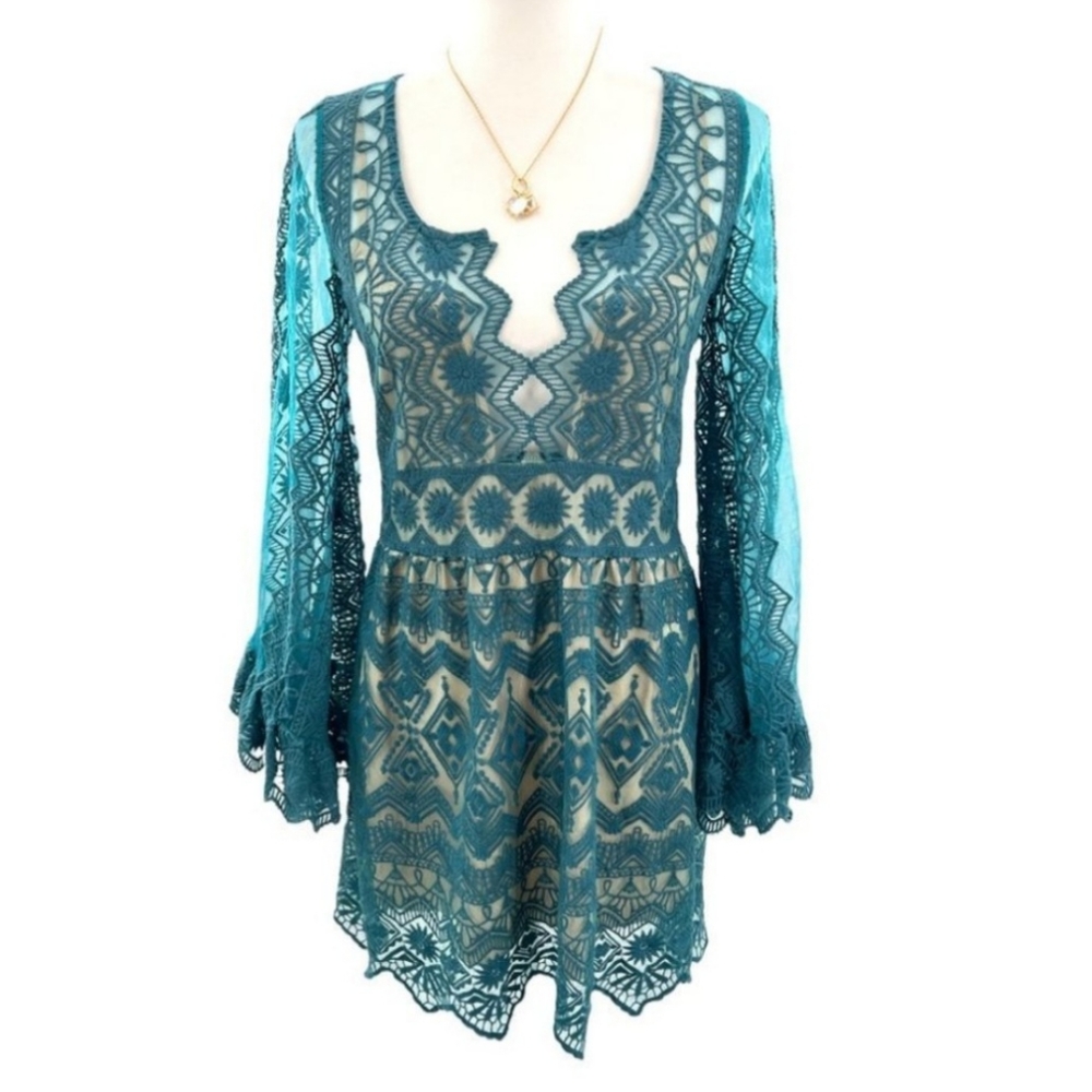 JEN'S PIRATE BOOTY Lace Bell-sleeve Tunic/Dress Teal Size XS